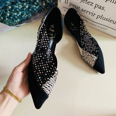 Women's Walking Sneakers, Lightweight Breathable Open Back Flats, Rhinestone Mesh Pointed Toe Dress Shoes for Party & Banquet