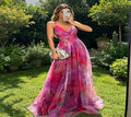 Women's Fashion Spring Summer New Mesh Floral Print Elegant Party Dress ladies Halter Neck Holiday Beach Long Dress
