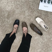 Pleated Single Shoes Women Square Toe Soft Leather Ballet Flats Slip on Solid Color Elegant Dance Shoe Cross Belt Ladies Loafers