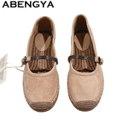 ABENGYA Nude Suede Leather loafer Shoes for Women Round Toe Belt Designer Flat Summer Fashion Ethnic Style Walk Shoes Woman