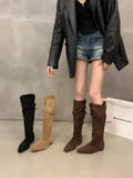 Women 2-in-1 Fold Over Slouchy Knee High Boots Hidden Wedge Rivet Buckle Faux Suede Pointed Toe Non Slip Vintage Winter Shoes