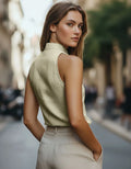 Solid Women Sleeveless Blouse Mandarin Collar V Neck Button Down Regular Fit Elegant Office Casual Vest Top