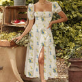 Skinny floral prints Dresses for Summer Women's Dress Square Neck Short Bubble Sleeves High Waist Lace-up Maxi Split Dress
