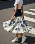 1. Plus Size Irregular Denim Waist Spliced Blue Floral Print Chiffon Midi Skirt Ladies Layered A-Line Skirt