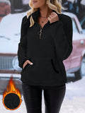 Cozy Women's Plush Fleece Half Zip Top Stand Collar Drop Shoulder Hoodie with Ring Zipper Pull and Pocket Casual Loungewear