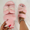 Comfy Fluffy Fur Slippers for Women Elegant Pearls Faux Pink White Furry Slides Winter 2026 Home Non Slip Warm Plush Shoes Woman