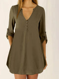 Women Casual V Neck Loose Mini Dress Elegant Button Down 3/4 Roll-Up Sleeve Khaki Solid Color Plain Shirt Dresses