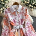 French Vintage Print Floral Hollow Out Lace Dress Women Spring Autumn Turn-Down Collar Long Sleeve Single Breasted Elegant Dress
