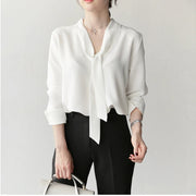 Gidyq Fashion Women Chiffon Shirt Korean Elegant Bandage Loose Long Sleeve Tops Casual All Match Office Ladies Pullover Blouse