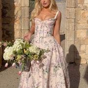 2026 Women Floral Print Fishbone Waist Spaghetti Straps Dress Summer Female  Elegant Midi Long Party Dresses Holiday Robe