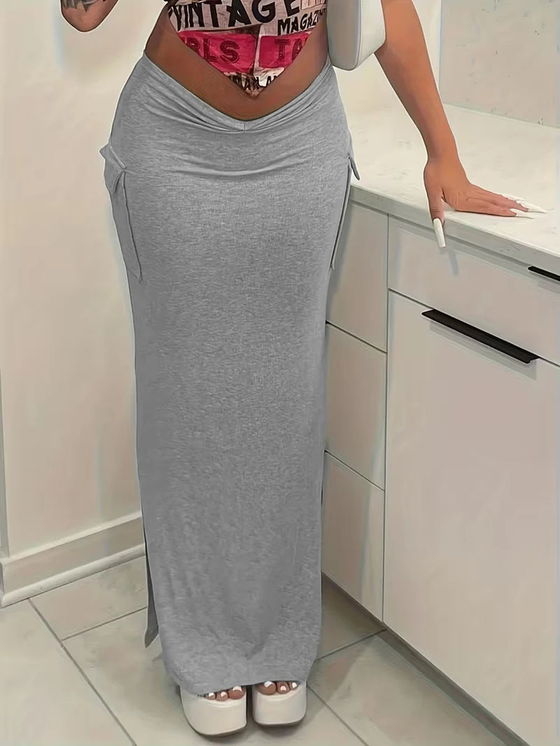 Casual Grey High Waist Knitted Cargo Maxi Skirt Women Sexy Y2K Bodycon Pencil Skirt Spring Autumn Long Skirt with Pockets