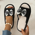 Sweet Plaid Bowknot Plush Home Slippers Women Indoor Open Toe Non Slip Cotton Slides Plus Size 45 Soft Sole House Floor Shoes