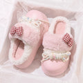 Sweet Bowknot Design Furry Fur Indoor Slippers 2026 Winter Warm Plush Home Slippers Women Soft Sole Non Slip Platform Girl Shoes