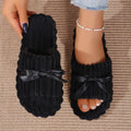 Women Bow Decor Corduroy Open Toe Slippers Soft Flat Non Slip Indoor Bedroom Home House Shoes