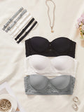 3PCS Women Strapless Lace Bra Detachable Shoulder Straps Underwire Push Up Sexy Non-Slip Bandeau Lingerie