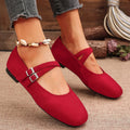 2026 New Brand Designer Double Buckle Red Ballet Flats Women Square Toe Mary Jane Shoes Woman Faux Suede Casual Shoes Female