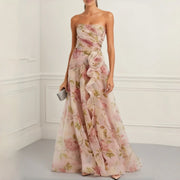 Women Strapless Sweetheart Prom Dress Watercolor Floral Organza 3D Flower Ruffle Slit Floor Length Formal Wedding Guest Dress