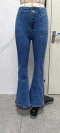High-waisted Women's Blue Jeans, Patchwork-detailed Denim Flared Pants, Perfect for Spring and Fall.