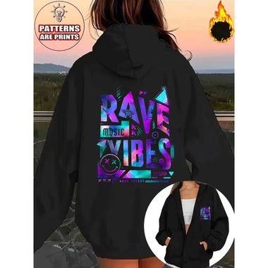 Women Zip Up Hoodie Rave Music Vibes Colorful Letter Print Long Sleeve Oversized Black Hooded Jacket Casual Pocket Sweatshirt