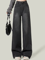 2024 Woman Korean High Waist Jeans Lady Slim Fit Loose Denim Wide Leg Pants Girls Black Gray High Street Straight Leg Trousers