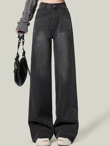 2024 Woman Korean High Waist Jeans Lady Slim Fit Loose Denim Wide Leg Pants Girls Black Gray High Street Straight Leg Trousers