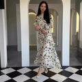 Women's Spring Fall Long Dress Elegant Ruffle Midi Floral Print Dress Flower Vintage Muslin Dress for Women