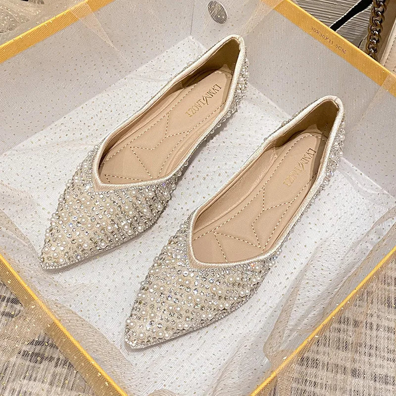 2025 Fashion Woman Ballet Flats Shoes Rhinestone Loafers Flat Pointed Toe Shoe Female Casual Slip on Flats Footwear Boat Shoes