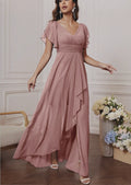 Chiffon Dress with V-Neck, Lotus Leaf Sleeves, High Waist, Pleated, Flowing Skirt, Bridesmaid Dress, French-Style Long Evening Gown