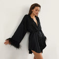 Women Satin Robe Feather Bathrobes Satin Sexy Mini Dress Long Sleeve Loose Peignoirs For Women Robe White Wedding Dress Black Bride Dresses