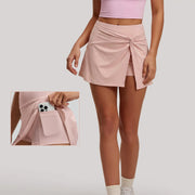 Women's Sports Skirt High-Waisted Tennis Skirt with Front Knot Modest Slit Pleated Skirt Breathable Mini Skirt with Pockets Pink