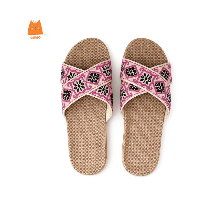 Women's Straw Slipper Indoor Anti-slip Home Shoes Flat Sandals Casual Slippers Women's Cross Strap Linen Slippers Vintage Floral