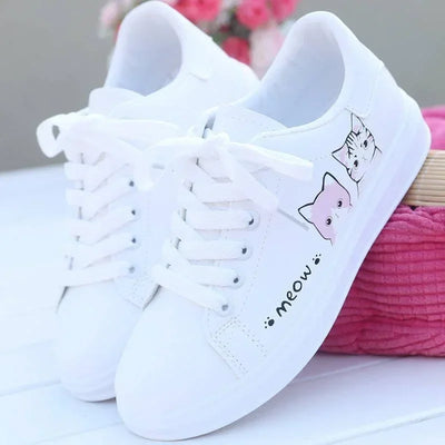 2024 New Arrival Fashion Lace-up Women Sneakers Women Casual Shoes Printed Summer Women Pu Shoes Cute Cat Shoes