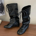 Eilyken Autumn Winter Fashion Butterfly-kont Women Knee-High Boots Vintage Style Cross-strap Round Toe Low Flat Heels Shoes
