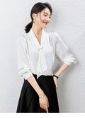 SENTUBILA Office Lady White Tie Blouse Women 2026 Spring Lace-up Collar Long Sleeve Simple Ladies Tops Woman Clothes 143C56765X
