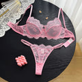 Pink Eyelash Floral Lace Lingerie Set Women Underwire Sheer Mesh Bra & Thong Sexy Intimate Underwear ZA826333