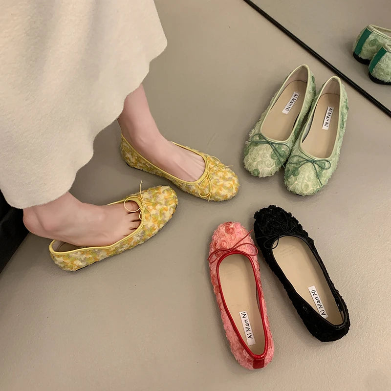 2026 Summer New Women Flats Shoes Square Head Shallow Mouth Women Shoes Fashion Bow Ballet Flat Shoes for Women Zapatos De Mujer