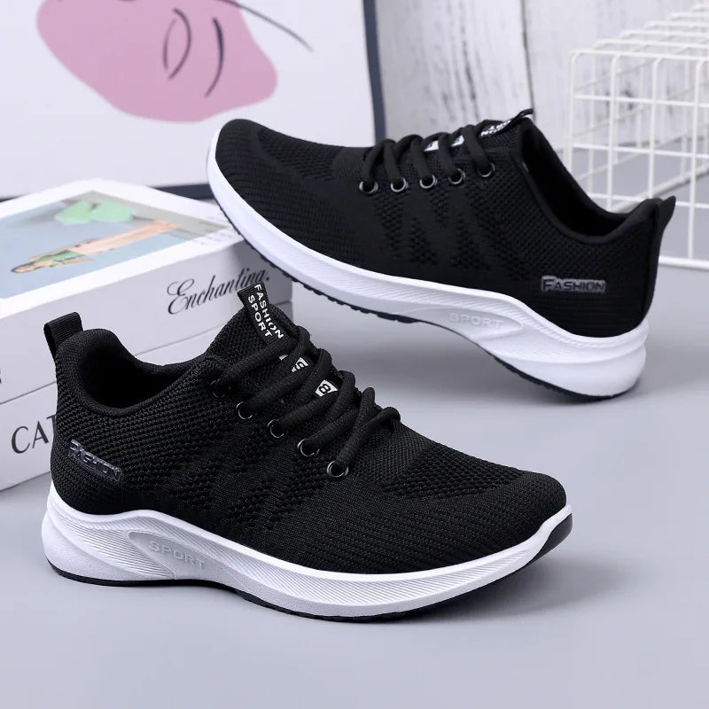 Women Knitted Mesh Lace Up Sneakers Non-slip Thick Sole Lightweight Breathable Walking Casual Sports Shoes