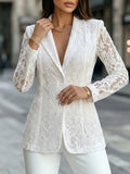 2026 New Women's White Hollow-Out Floral Lace Blazer with Lapel, Long Sleeves, Single-Breasted, Slim Fit, Elegant Outerwear for Workplace and Weddings, Suitable for Weddings, Workplace Occasions, Autumn and Spring