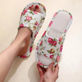 Women Floral Linen Slippers Flat Indoor Home Sandals Anti Slip Comfortable Casual Flax Slides Cute Rose Print House Shoes