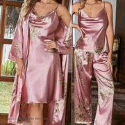 Ice Silk Female 4PCS Robe Pajamas Set Sleepwear Print Cherry Bathrobe Nightgown Trouser Pijamas Suit Loose Homewear Loungewear