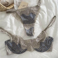 セクシーな Women French Plaid Embroidery Mesh Lingerie Set Soft Underwire Minimizer Bra Uplift Sheer Mesh Ladies Underwear 32-38 Set