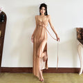 SylCue Sexy Fashion Maxi Dress Women Low-Neck Sleeveless Backless Mesh Ribbon Splits Hem Street Fashion France Style Long Dress