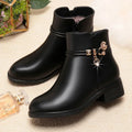 Women's Rhinestone Leather Boots Autumn Winter Warm Cotton Shoes Low Heel Round Head Side Zip Footwear Botas Para Mujeres