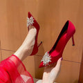 Maogu Satin Rhinestone Crystal Shallow Pumps Stiletto High Heel Luxury Women's Shoe 2023 Spring White Women Bridal Wedding Shoes