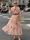 ZOCI Elegant Womens Floral Print Long Dress Bow Neck Long Sleeve Waist Belt Casual Weekend Party Summer Beach Vacation Dress