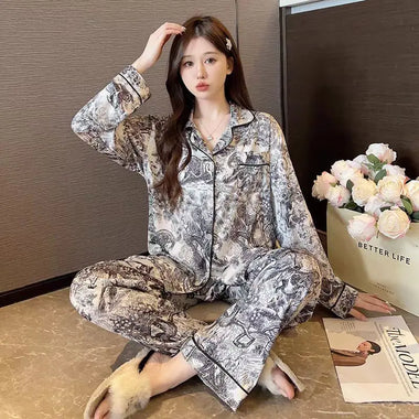 Spring and Autumn New Ladies Korean Ink Printing Ice Silk Pajamas Homewear Set Girls Ins Advanced Sense of Pajamas Homewear Set