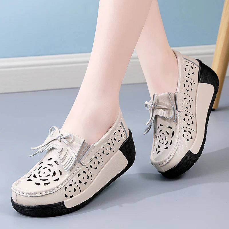 Summer Woman's Casual Shoes Flats Leather Slip-on Ladies Platform Hollow Loafers Breathable Female Moccasins Chaussures Femme