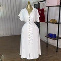 Woman Summer Elegant Midi Dresses 2025 High Waist Lapel Neck Short Sleeves Buttoned Flowy A Line Shirt Dress For Women