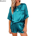 2PCS/Set 2026 Spring and Summer Women Pajamas O-neck Solid Soft Simulation Silk Homewear Short-Sleeved Casual Ladies Loungewear
