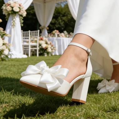 New Leather Solid Snow White Wedding Banquet Ball Thick Heel Pointed Hollow High Quality BowKnot High Heel Sexy Women's Shoes